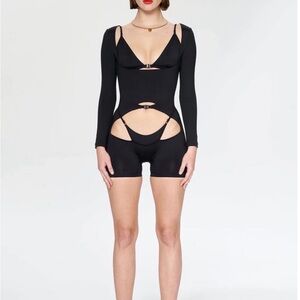 Cutout Long-Sleeve Black Short Jumpsuit